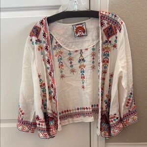 Johnny Was White Embroidered Open Front Jacket